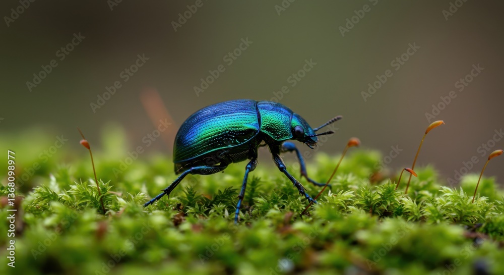 Close-up of a vibrant green beetle crawling on lush moss in a natural setting Close-up of a vibrant green beetle crawling on lush moss in a natural setting