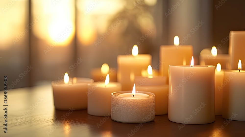 Warm Glow of Burning Candles in a Soft Ambient Setting at Sunset Warm Glow of Burning Candles in a Soft Ambient Setting at Sunset