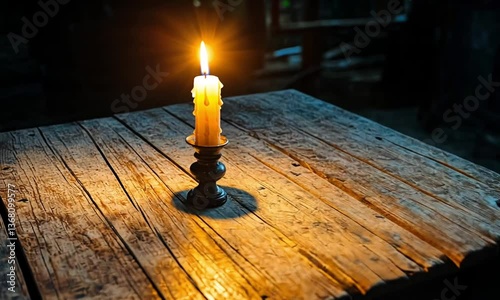 Lit candle on a vintage wooden table