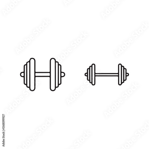 Simple black line art of two dumbbells.Two outline dumbbells of different sizes, set against a clean white background.