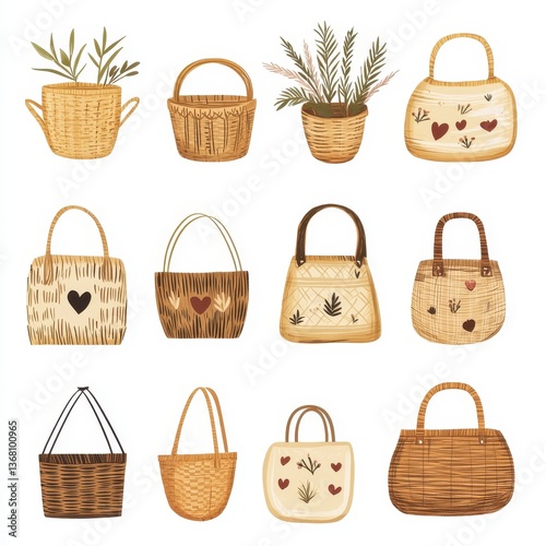 Hand-Illustrated Collection of Various Woven Baskets and Planters