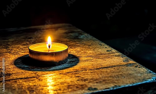 Lit candle on a vintage wooden table