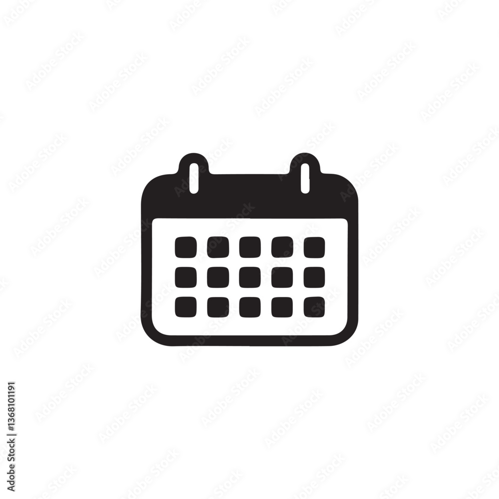 Simple black and white calendar icon.A solid black silhouette of a calendar icon, suitable for websites, apps, or presentations. Simple black and white calendar icon.A solid black silhouette of a calendar icon, suitable for websites, apps, or presentations.