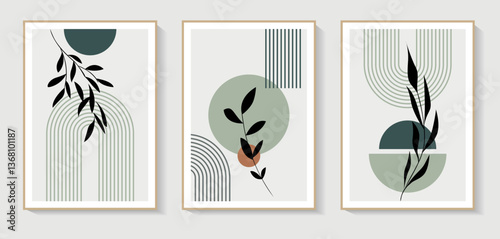 Set of 3 Minimalist wall art. Abstract geometric prints for boho aesthetic interior. Home decor wall prints, terracotta colors. Sun, rainbow and clay pots. Contemporary artistic printable vector