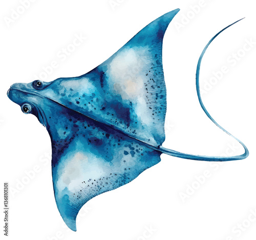 Blue manta ray watercolor vector illustration, underwater ocean animal art isolated on white background