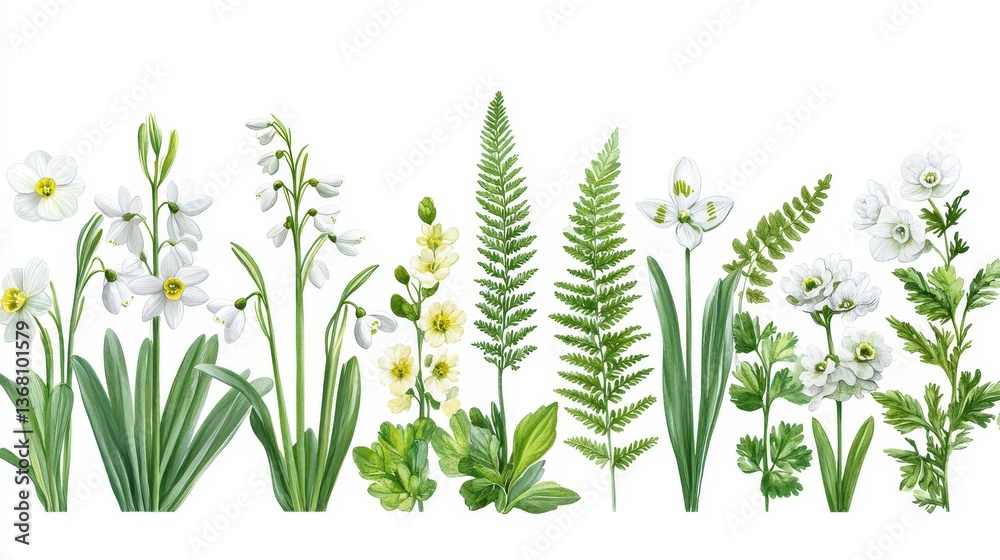 custom made wallpaper toronto digitalSpring flowers and ferns border, white background, nature illustration, website design