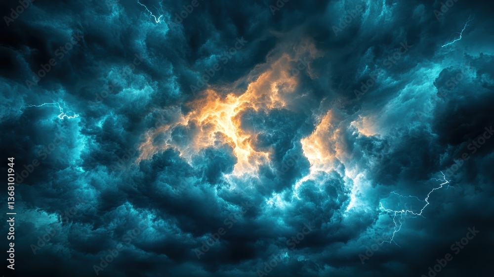 Obraz premium Dramatic stormy sky, lightning flashes, dark clouds, night, weather