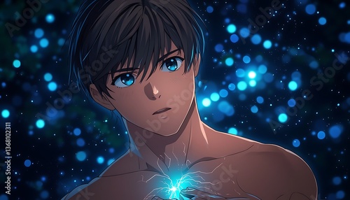 Anime Boy with Blue Light, Night, and Fantasy.
