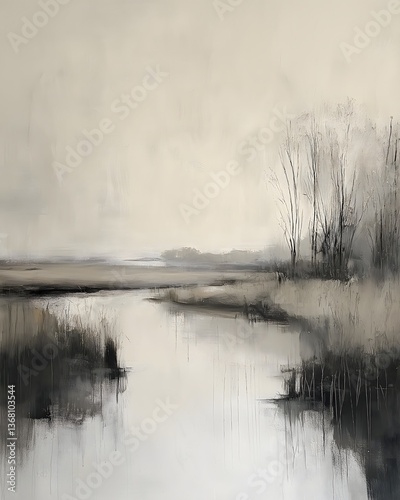 Abstract Winter Landscape Painting in Neutral Tones Near a Foggy Lake