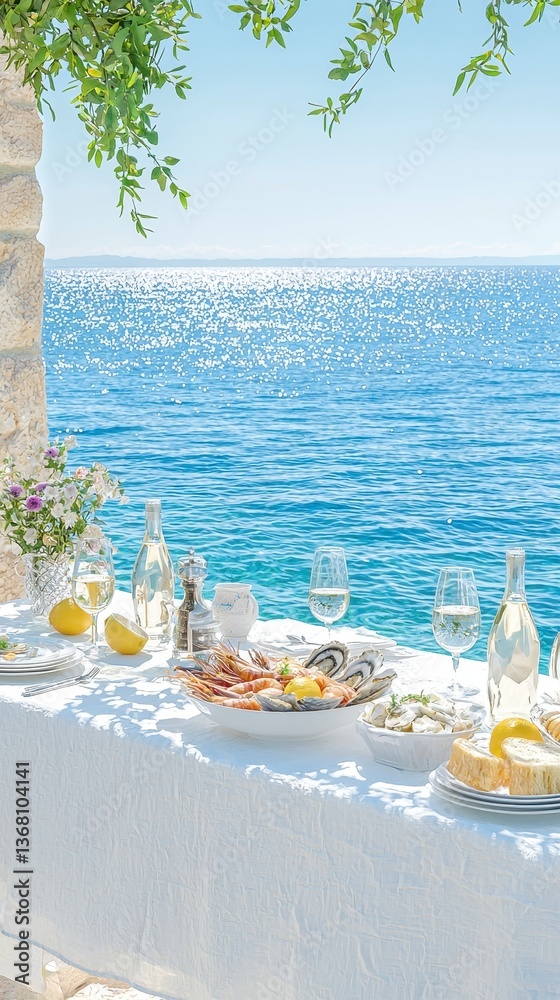 Obraz premium Serene Coastal Dining Experience with Fresh Seafood and Lemon