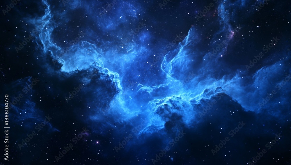 Fototapeta premium A blue nebula cloud in space, with stars and galaxies in the background. The scene is cinematic, dark