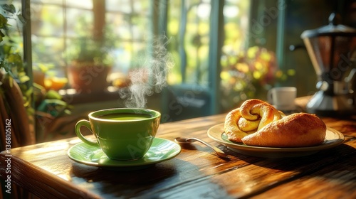 Wallpaper Mural Cozy Breakfast Scene with Green Tea and Fresh Pastries on Table Torontodigital.ca