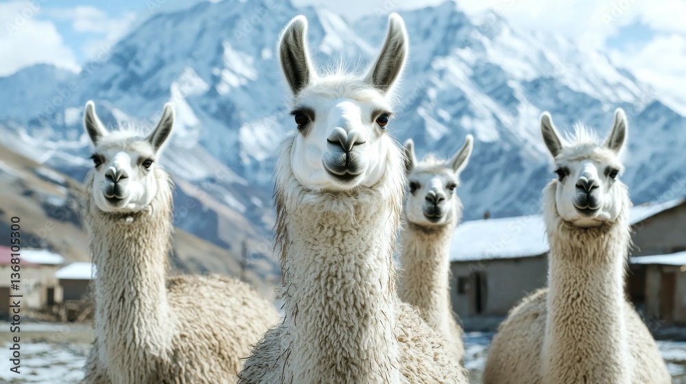 Obraz premium A group of llamas stands in front of majestic mountains, showcasing their fluffy coats and curious expressions under a clear blue sky.