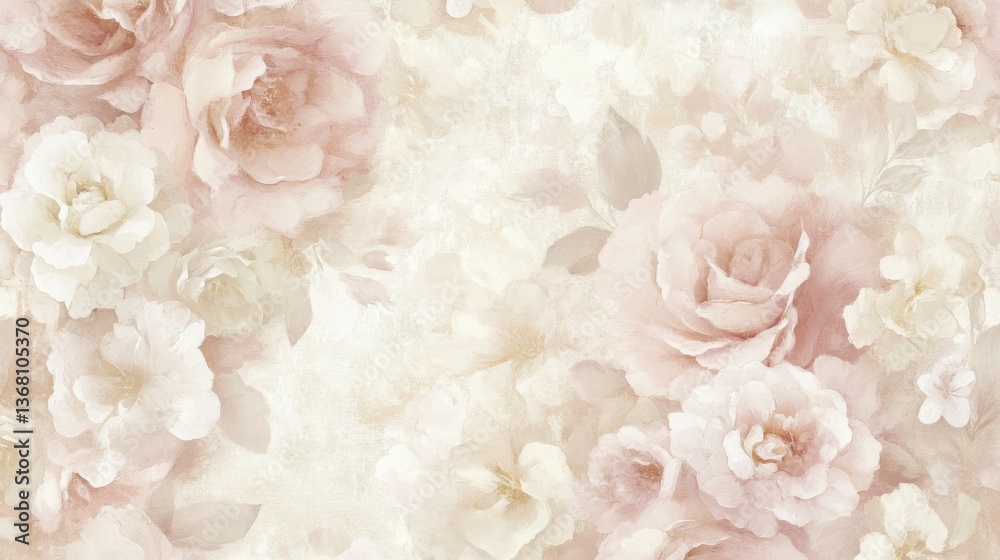 Fototapeta premium Elegant pastel floral wallpaper with soft ivory and pale pink tones.