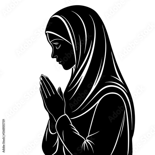 A silhouette of a Muslim woman in the prostration position (Sujood), symbolizing deep devotion and submission