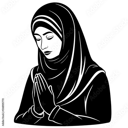 A silhouette of a Muslim woman in the prostration position (Sujood), symbolizing deep devotion and submission