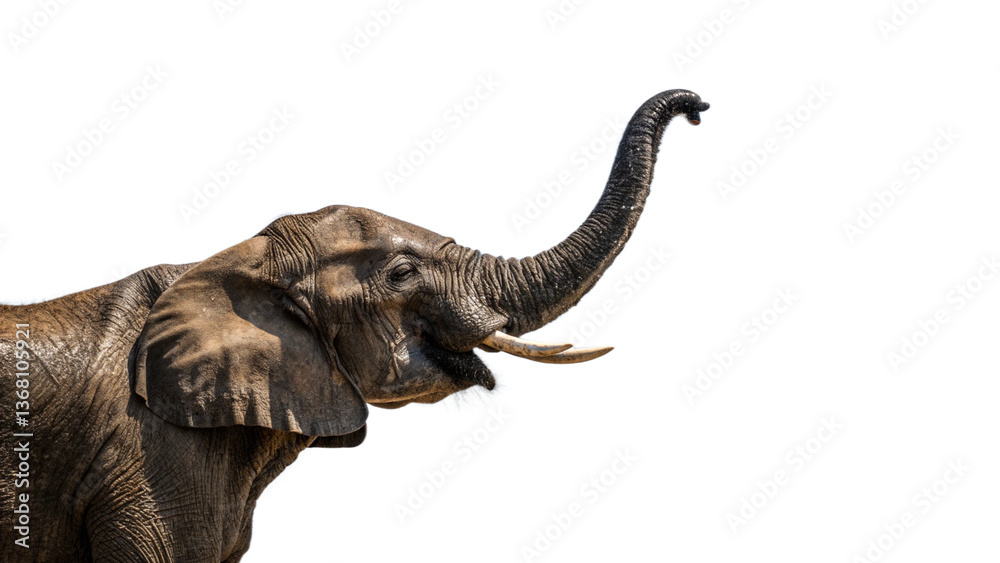 Fototapeta premium An elephant with its trunk raised against a transparent background