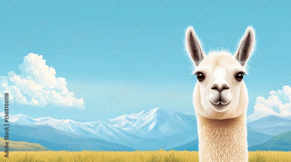 Fototapeta premium A cheerful llama stands in a vibrant landscape, with mountains and clouds in the background, showcasing a picturesque natural scene.