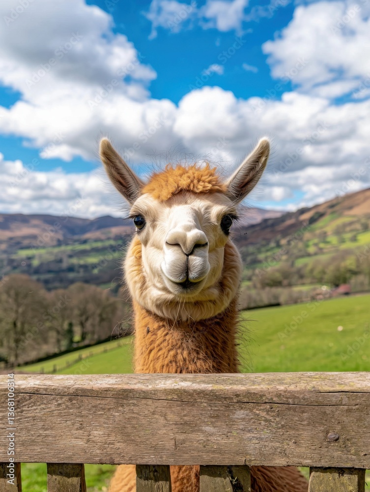Obraz premium A friendly llama looks curiously over a wooden fence, set against a picturesque landscape of rolling hills and blue skies.