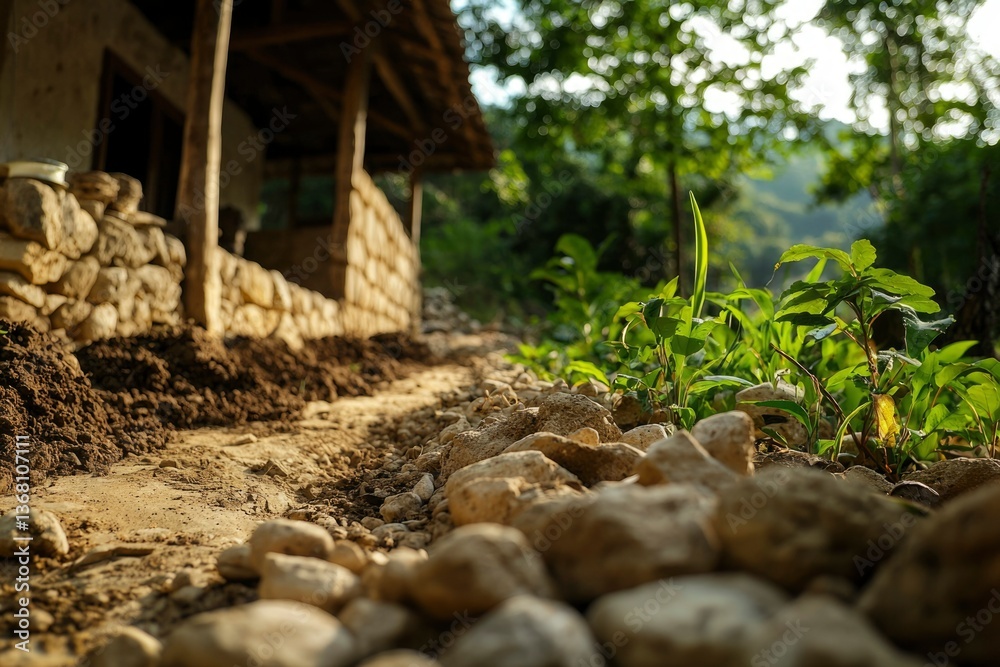 Fototapeta premium Rural home sits on stone path amidst lush trees, sunlit foliage, and earthen construction