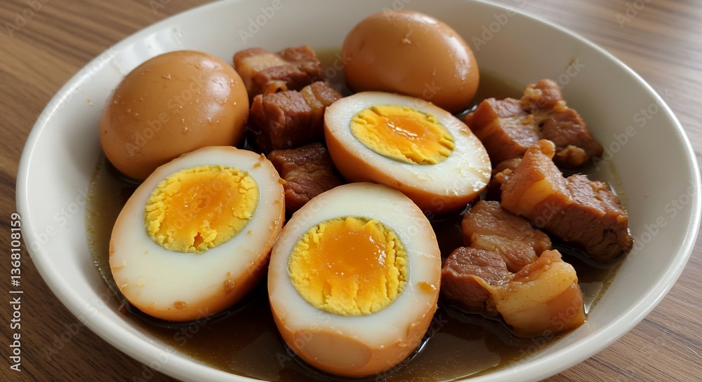 Richly browned savory eggs and pork stew. AI Generated Richly browned savory eggs and pork stew. AI Generated