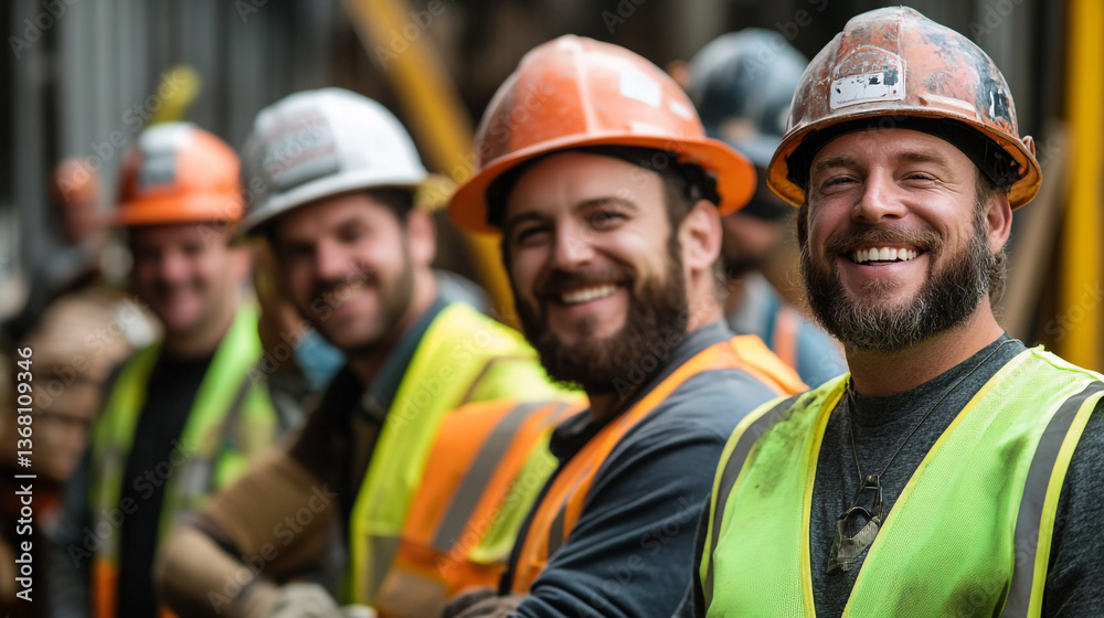 A group of smiling construction workers wearing hard hats and safety vests posing for a team portrait A group of smiling construction workers wearing hard hats and safety vests posing for a team portrait