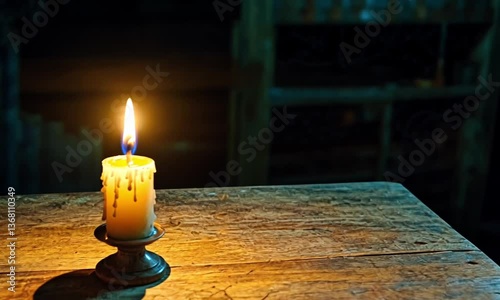 Lit candle on a vintage wooden table