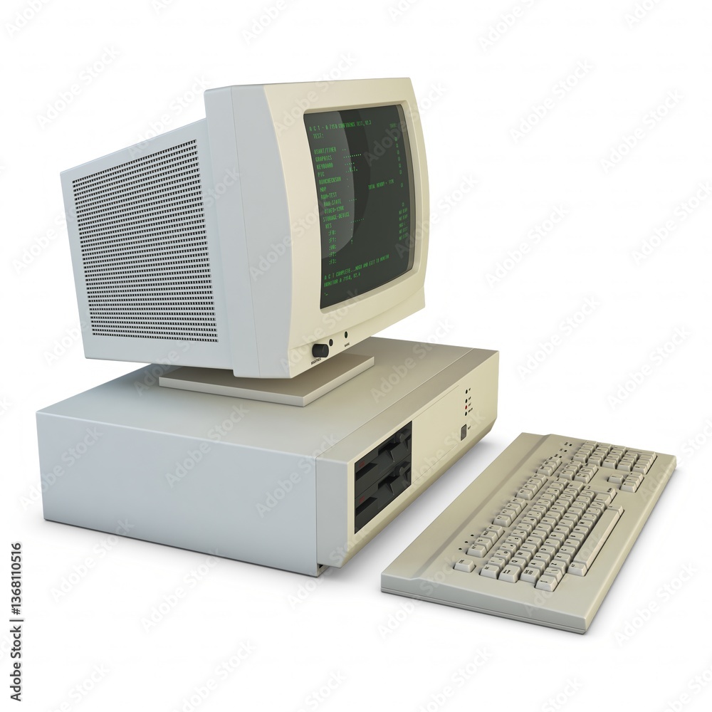 Obraz premium Illustration 3D Retro Personal Computer with Monitor and Keyboard
