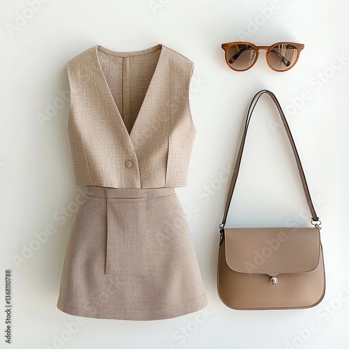 create a trendy women's outfit laying on the bed. the outfit should be a warm beige linen two piece set with a cropped vest top and a mini skirt the colors should all be neutrals . add a bag, sunglass