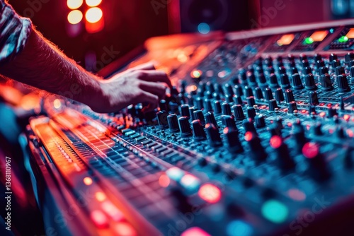 close up view of hand adjusting controls on professional audio mixing console, surrounded by vibrant lights, creating energetic atmosphere in music studio