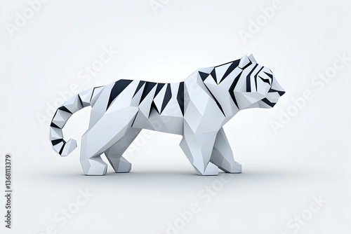 Low-poly white tiger model, side profile, isolated on white