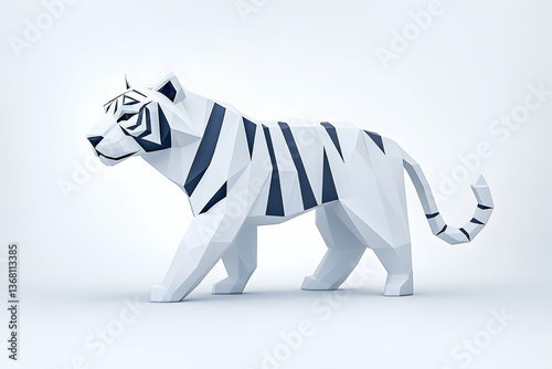 Low-poly white tiger model, side view, isolated on white background