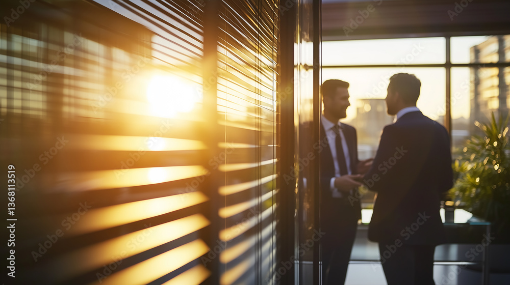 Two Business Professionals in Formal Attire Discussing Work at Modern Glass Conference Table with Morning Sunlight Two Business Professionals in Formal Attire Discussing Work at Modern Glass Conference Table with Morning Sunlight
