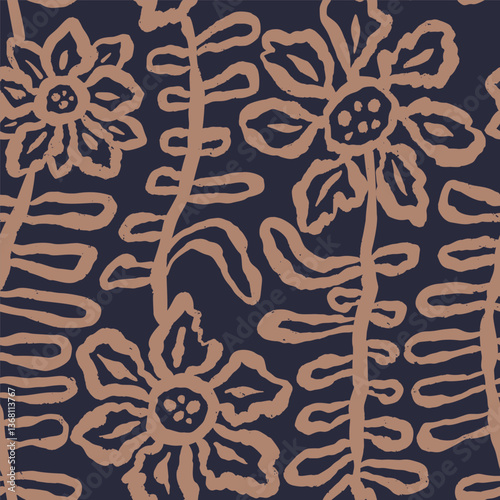 Brush strokes inky flowers brown seamless pattern. Abstract floral contemporary background. Textured botanical minimalist wallpaper
