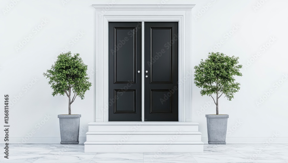 Fototapeta premium Elegant entrance with double black doors and potted greenery