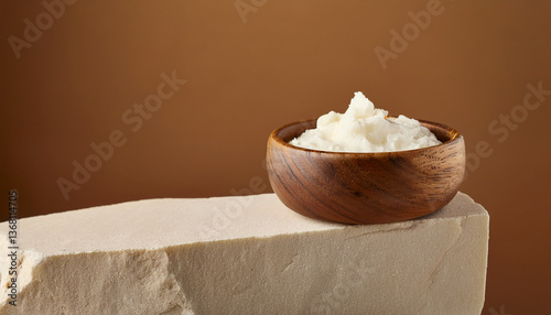 Wooden bowl of shea body butter on white stone pedestal, brown background. Organic skin care photo