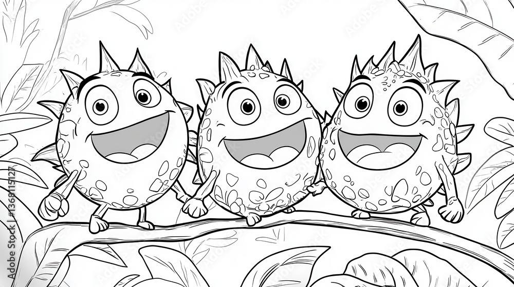 Fototapeta premium Cute Cartoon Creatures Smiling in Nature Background for Kids' Art
