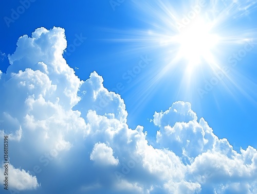 Bright sun shines above fluffy white clouds in a blue sky