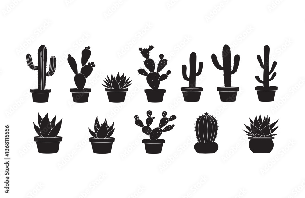 Fototapeta premium Hand Drawn Cactus Silhouette Elements Collection