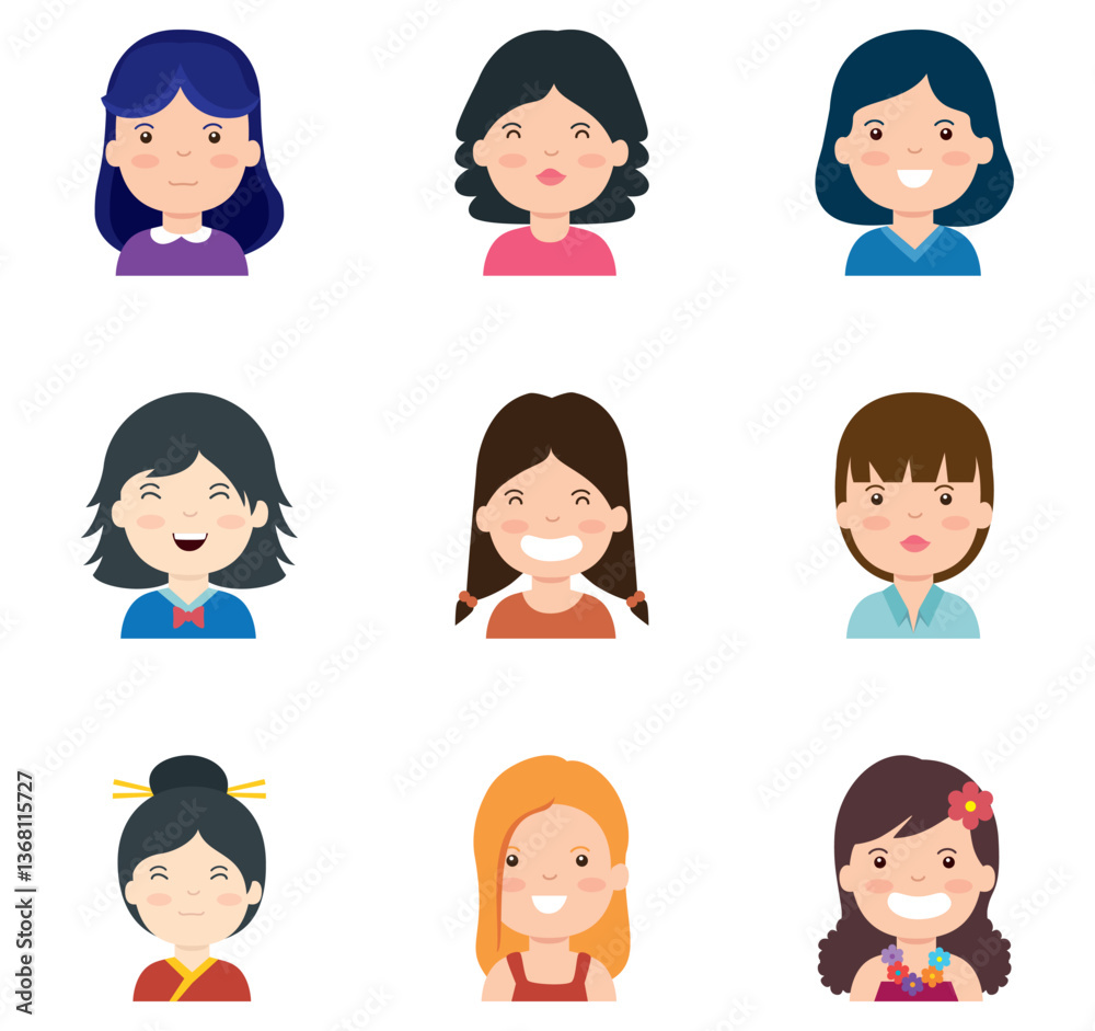 Vector icon set of girls icons on a white background Vector icon set of girls icons on a white background