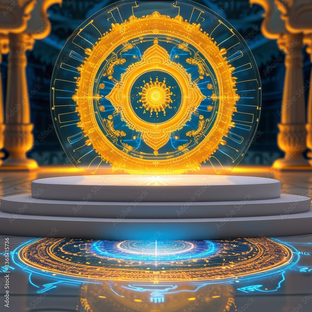 Obraz premium Diwali product display podium background, Cyber Lakshmi Blessing, sleek, white, Goddess Lakshmi, golden energy, traditional Indian motifs, blending spirituality, ad, podium platform