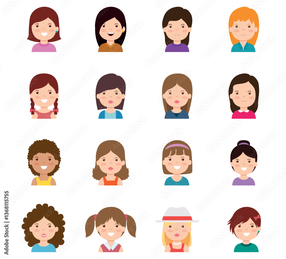 Vector icon set of girls icons on a white background Vector icon set of girls icons on a white background