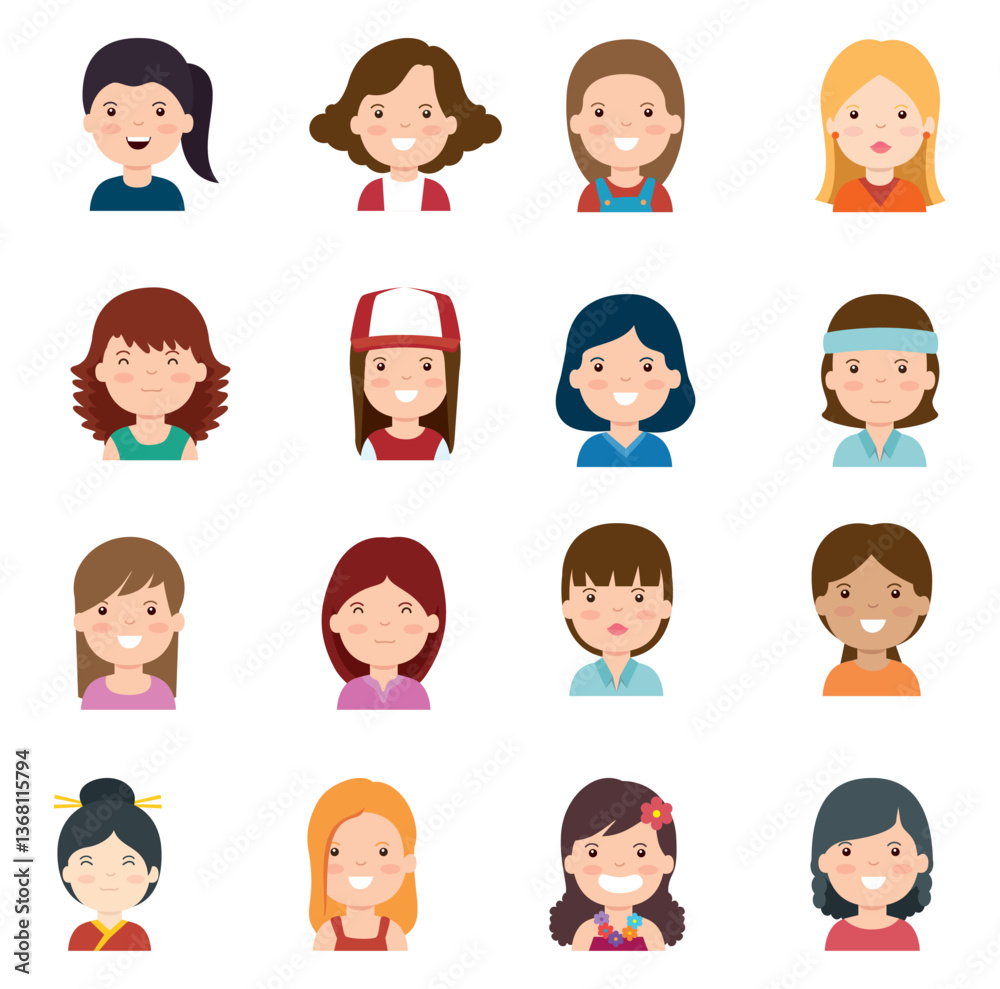 Vector icon set of girls icons on a white background Vector icon set of girls icons on a white background