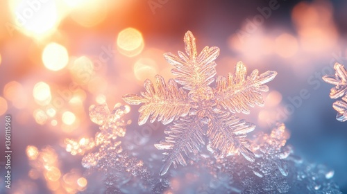 Sparkling snowflake closeup, winter sunset, blurry background, holiday card
