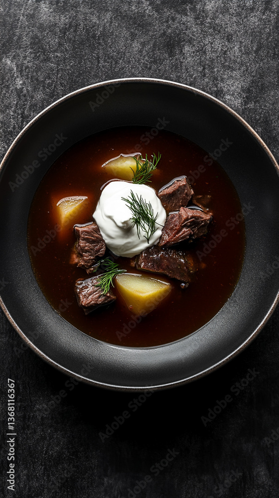 Rustic hot stew with tender meat and potatoes garnished with sour cream
