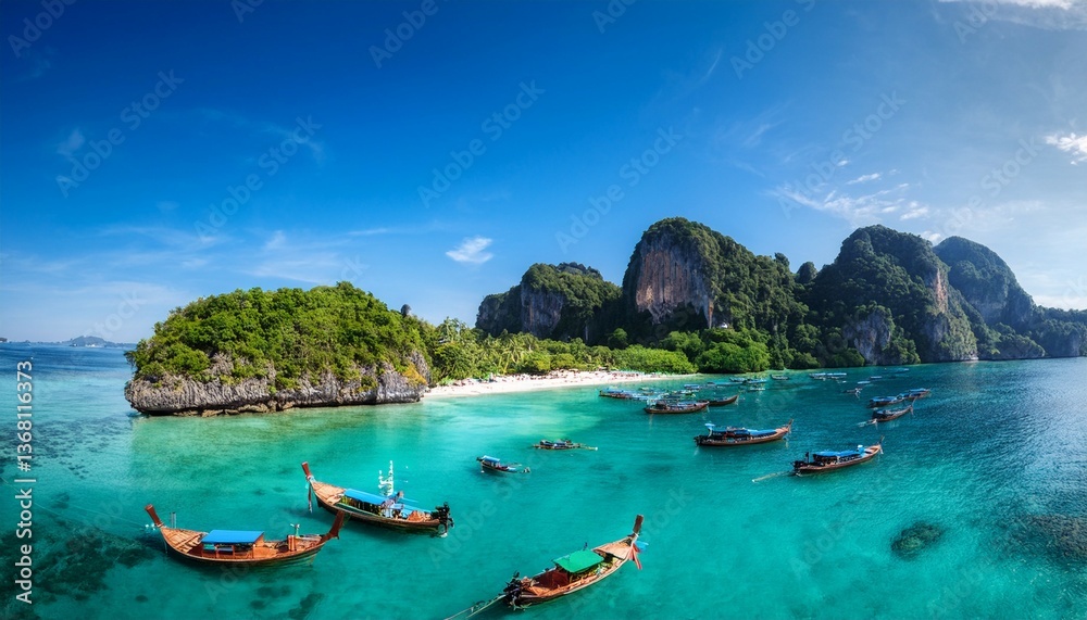 Fototapeta premium koh phi phi serenity tranquil thai beaches traditional long tail boats vibrant blue waters lush green hills peaceful tropical escape