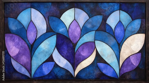 Abstract floral art deco painting, blue purple hues, dark background, framed artwork, home decor
