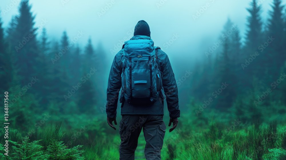Exploring nature's beauty a hiker in a misty forest outdoor adventure scenic landscape tranquil environment back view serenity Exploring nature's beauty a hiker in a misty forest outdoor adventure scenic landscape tranquil environment back view serenity