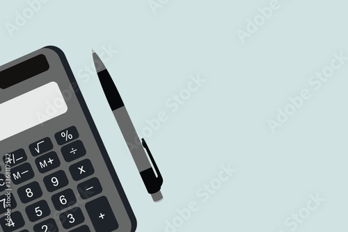 Math calculations, expenses, taxes or investments, flat or top view of black pen with calculator on light blue background table with empty copy space