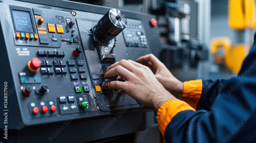 Hands operating a complex machine control panel in a factory setting. Hands operating a complex machine control panel in a factory setting.